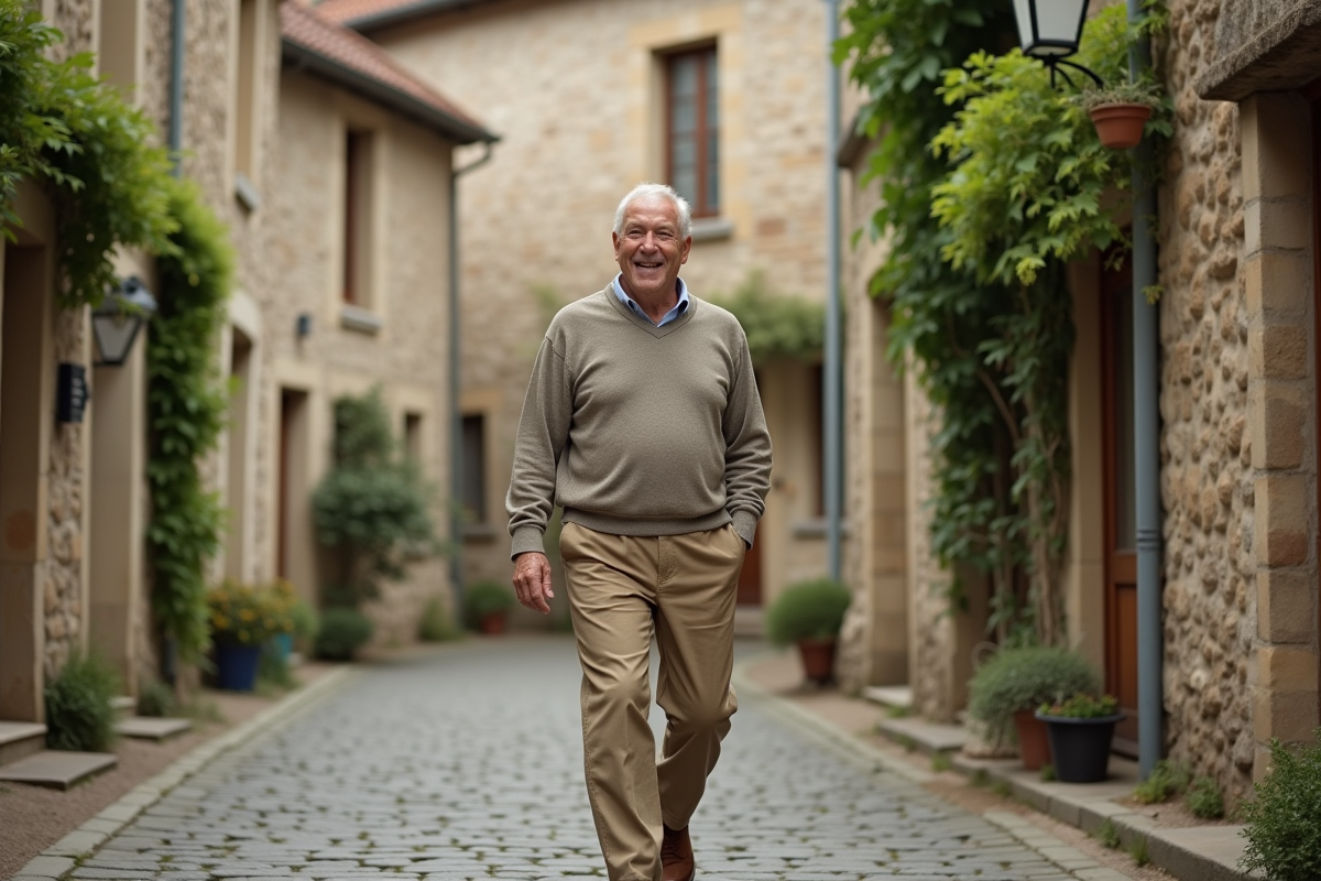 Homme marchant dans un village français pittoresque