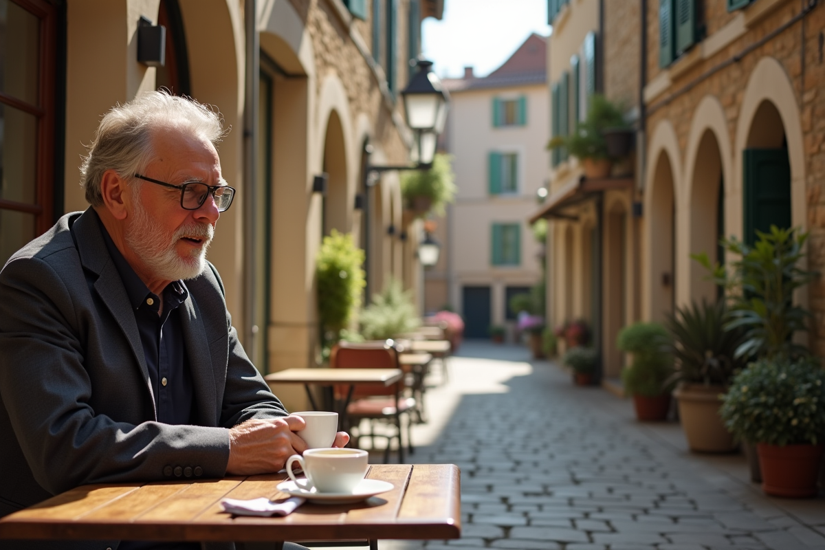 Homme mature dégustant un café dans un café de village en France