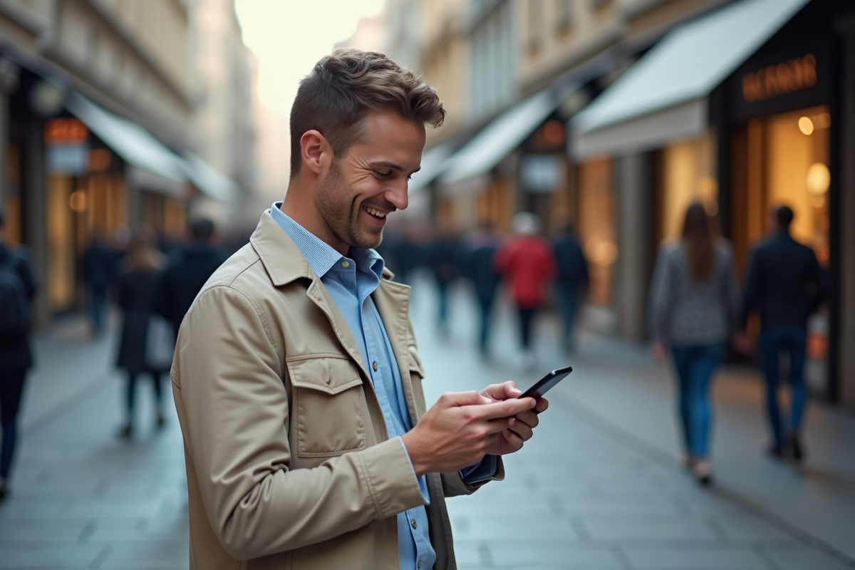 Homme dans la ville vérifiant ses cashback sur smartphone