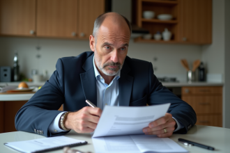 Homme d'âge moyen en costume bleu examine des documents d'assurance à la maison