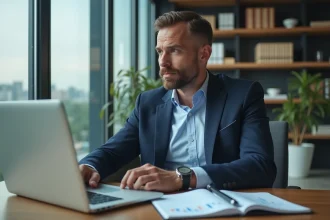 Homme d'affaires en costume analysant des graphiques financiers