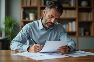 Homme d'âge moyen examinant des documents financiers dans un intérieur moderne