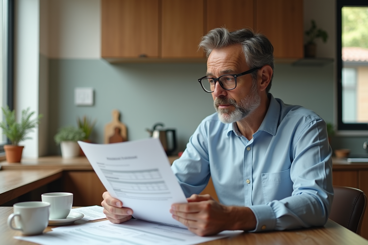 Homme d'âge moyen examinant des documents financiers à la maison