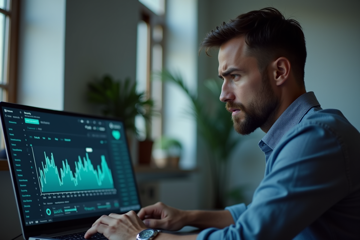 Homme inquiet regardant un écran de cryptomonnaie figé