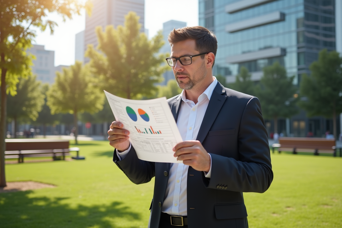 Homme en ville examine un graphique dans un parc urbain
