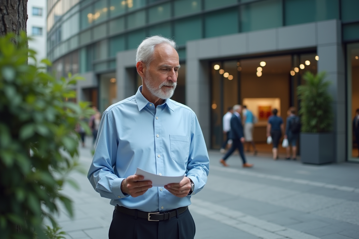 Homme lisant un dépliant bancaire devant une banque