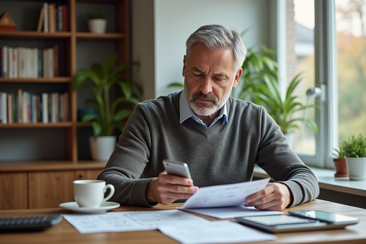 Homme consulte un devis de pret immobilier à la maison