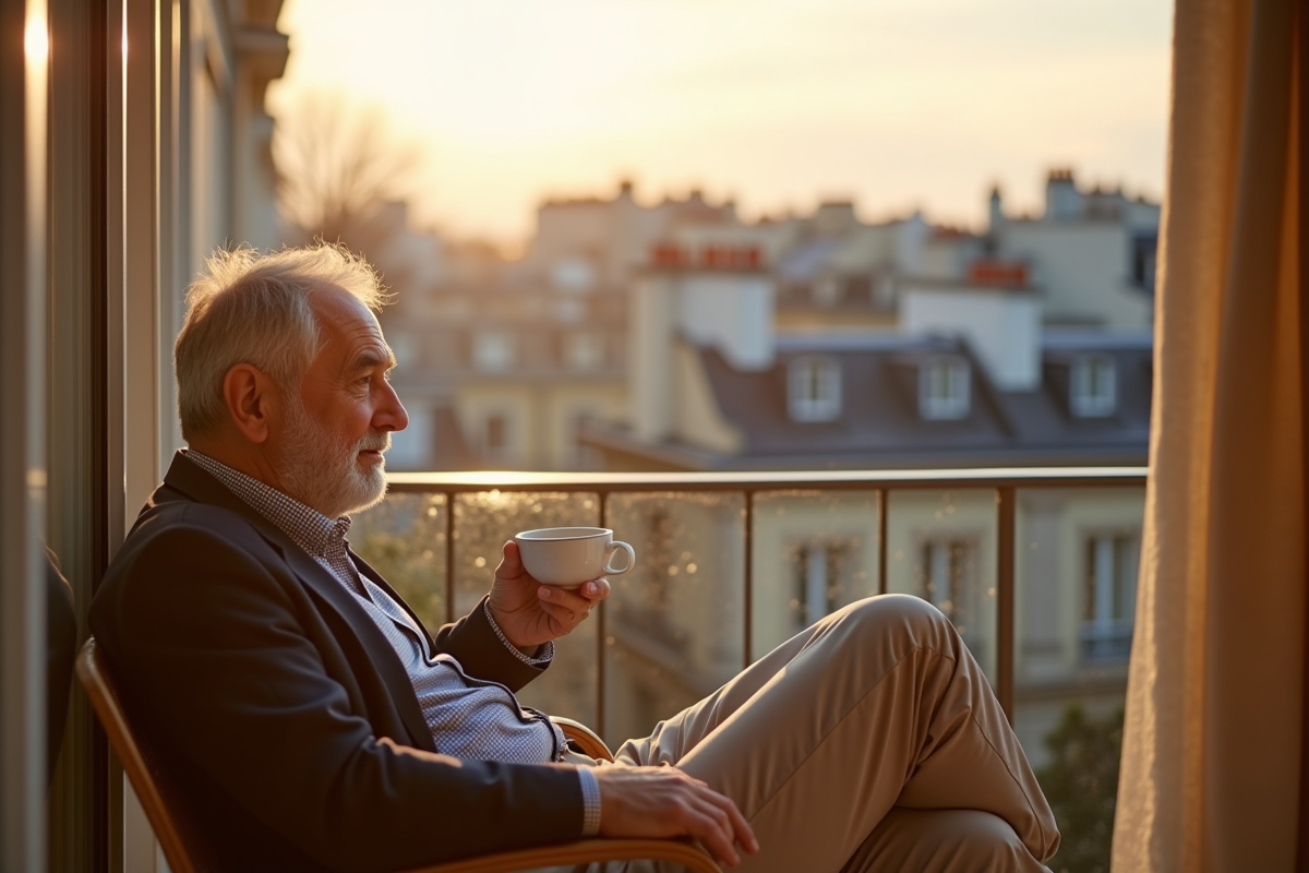 Homme mature profitant d un café sur un balcon avec vue sur Paris