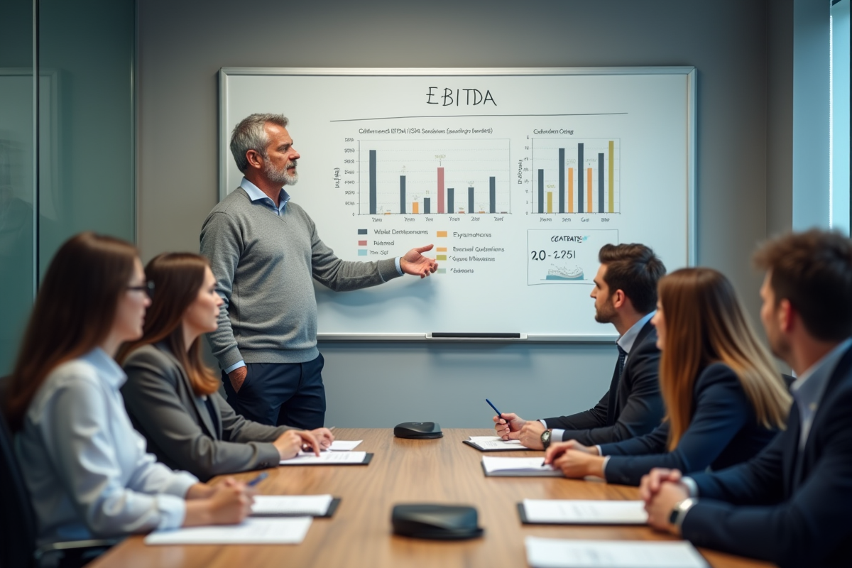 Homme en réunion expliquant des graphiques financiers