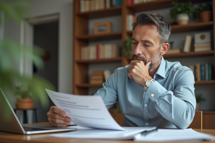 Homme réfléchi en réunion à domicile avec documents financiers