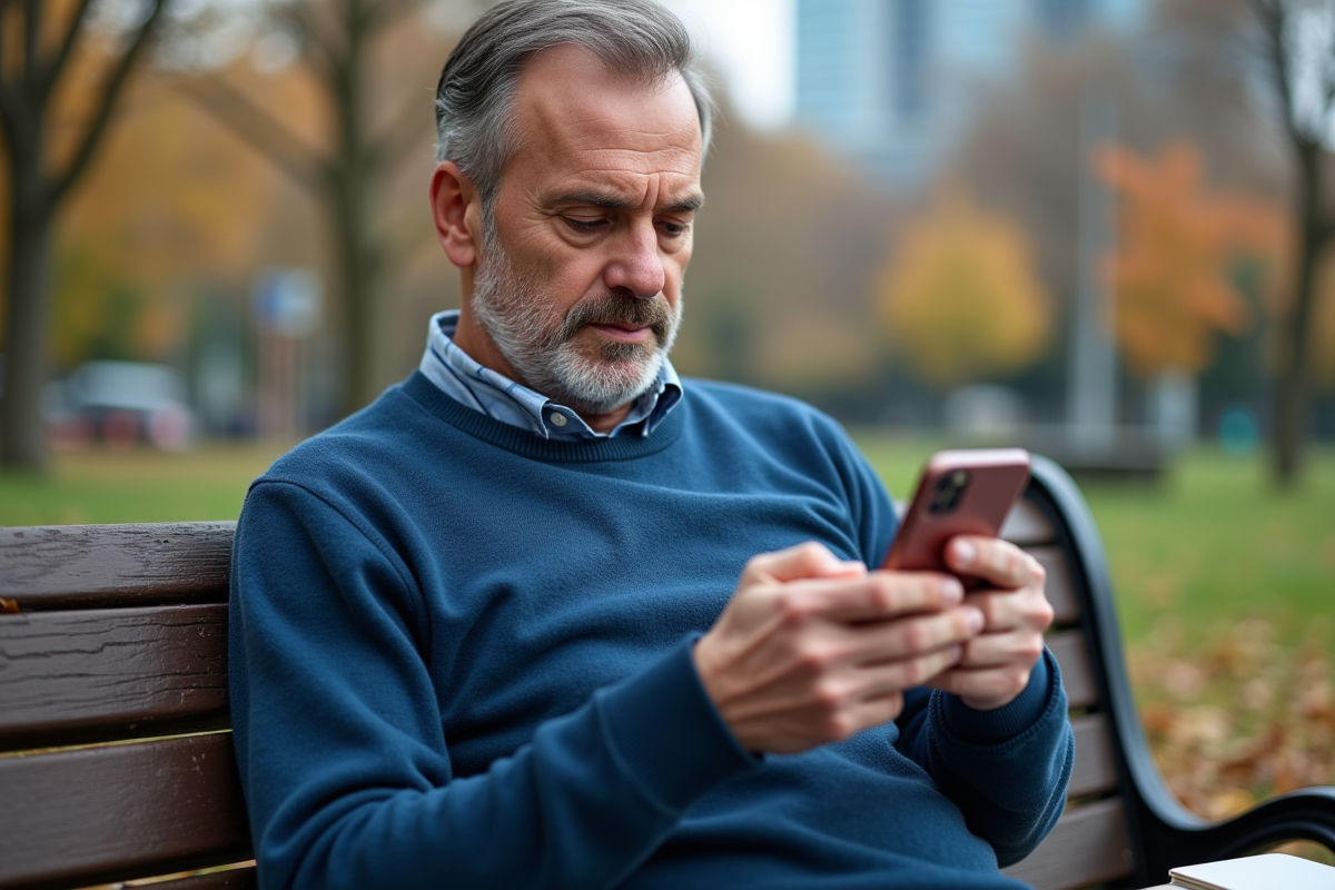 Homme réfléchissant à ses finances dans un parc