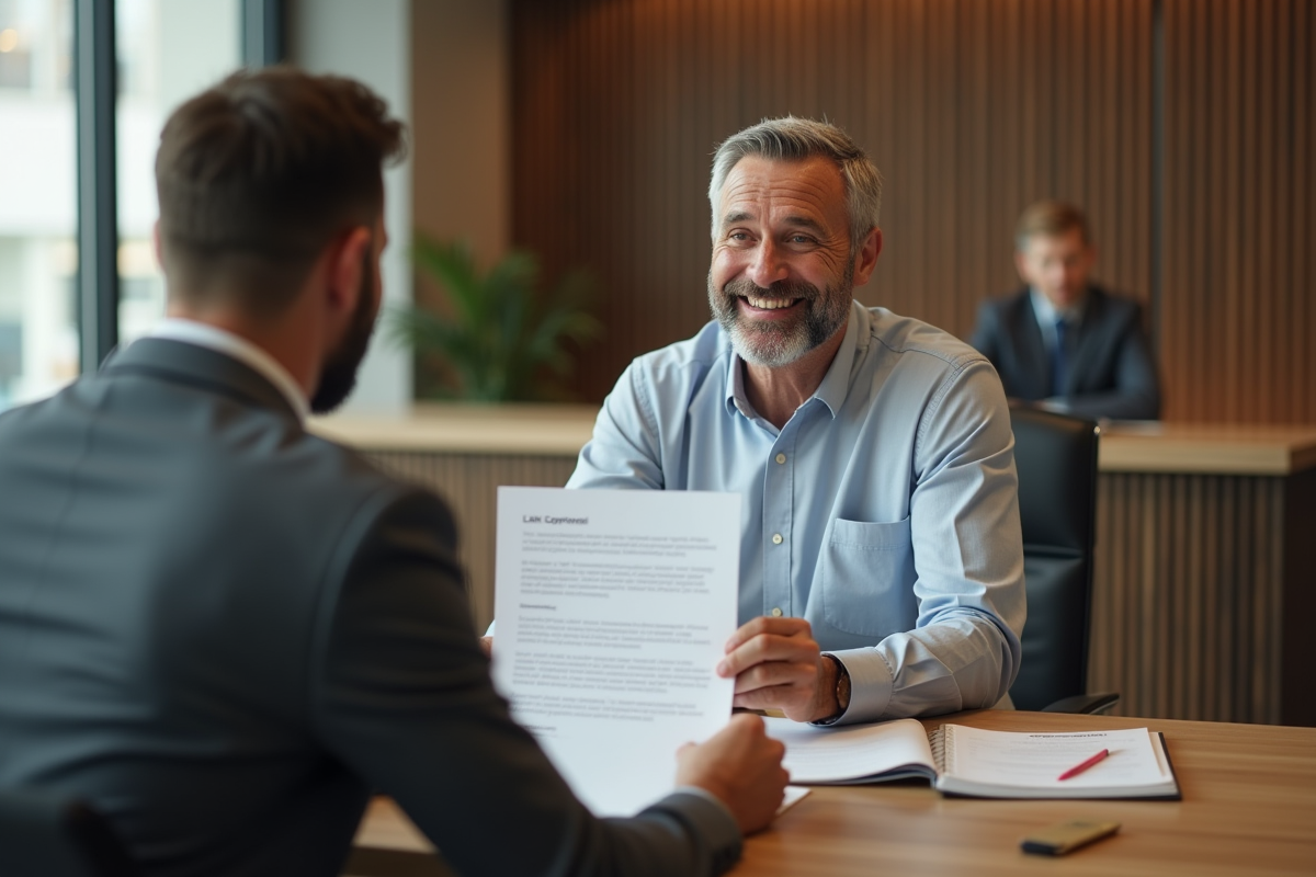 Homme souriant avec conseiller bancaire dans un bureau