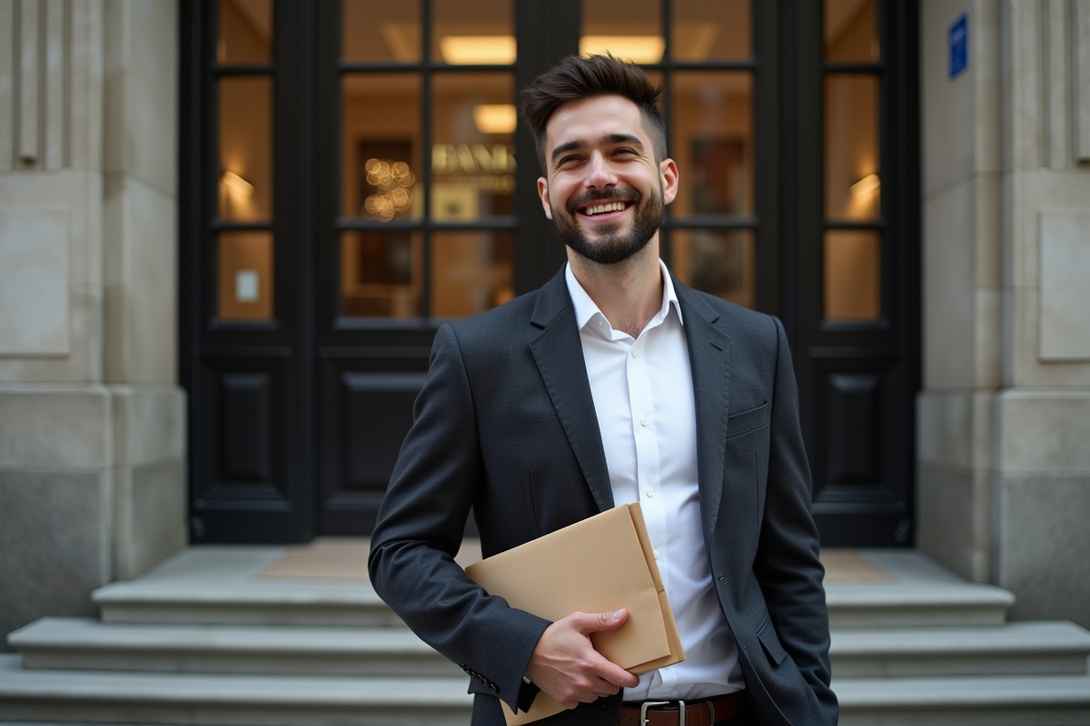 Jeune homme souriant devant une banque en ville