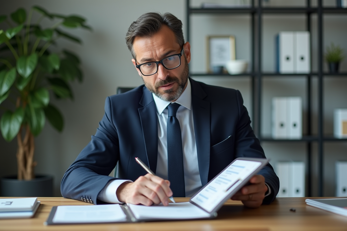 Homme d'âge moyen en costume bleu assis à un bureau organisé