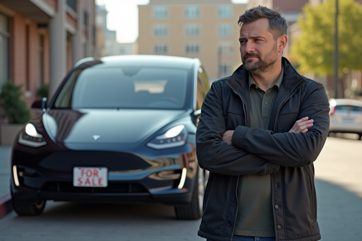 Homme déprimé devant une Tesla à vendre en plein jour
