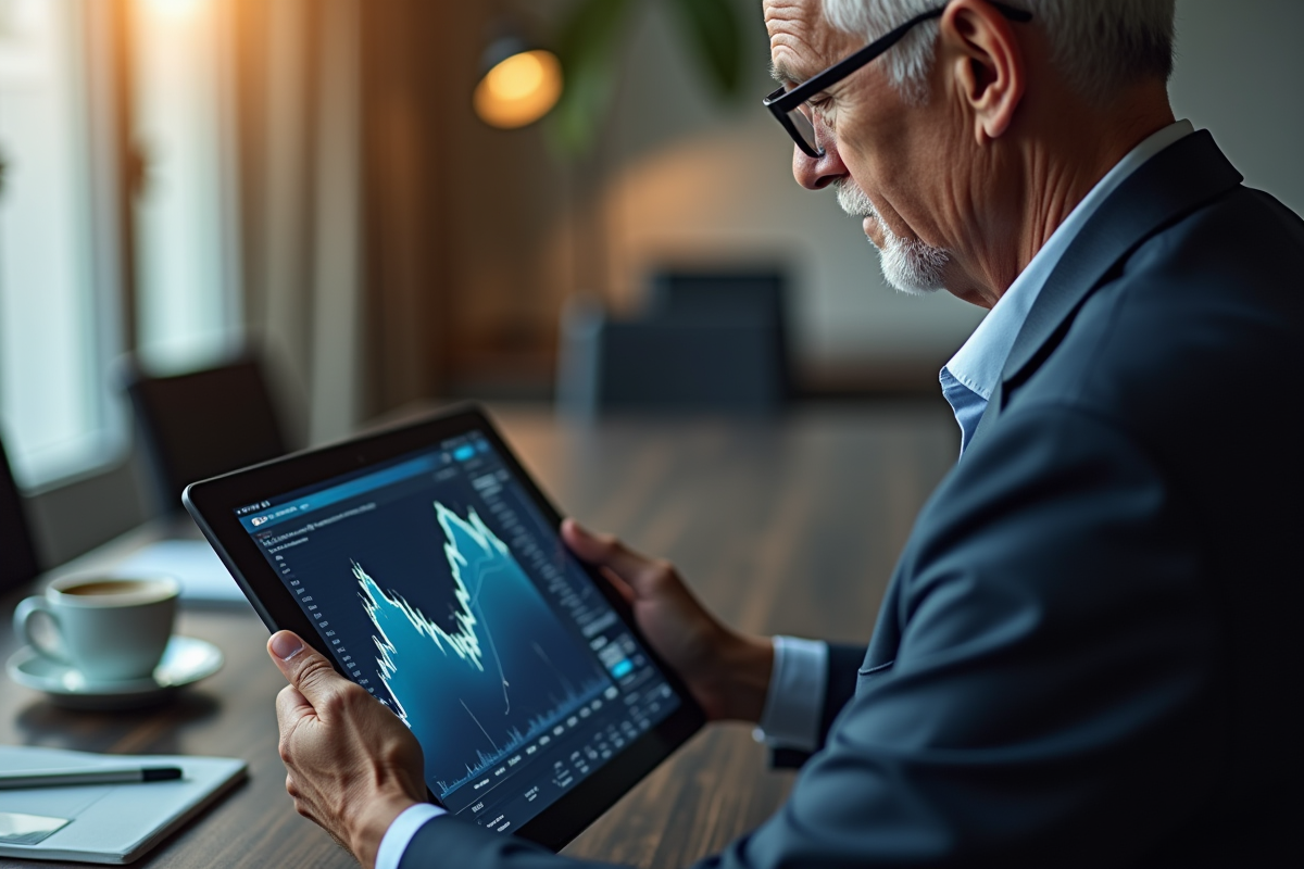 Investisseur âgé regardant des graphiques de trading sur une tablette