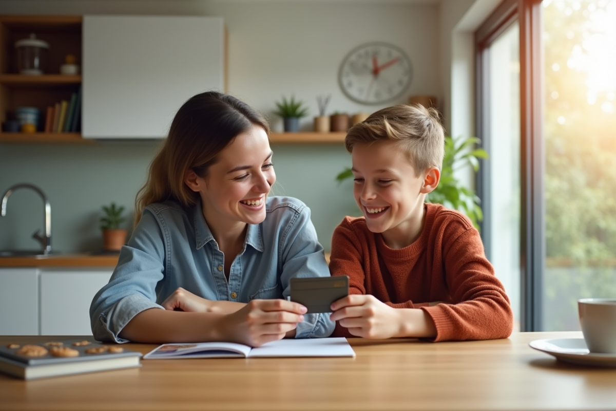 Un adolescent et sa mère souriants à la cuisine avec une nouvelle carte bancaire