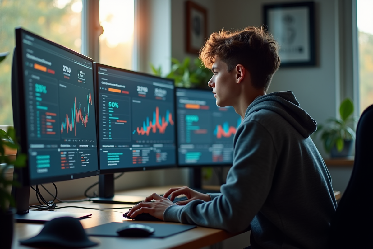Jeune adulte concentré sur un écran d ordinateur dans un bureau moderne avec statistiques crypto
