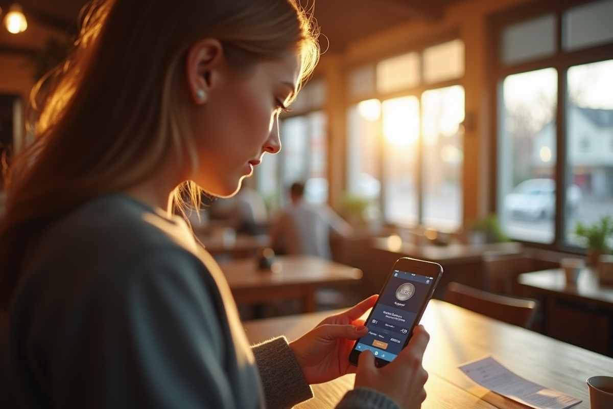Jeune adulte utilisant smartphone pour scanner un reçu dans un café lumineux