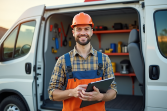 Jeune bricoleur en tenue de travail devant une camionnette colorée