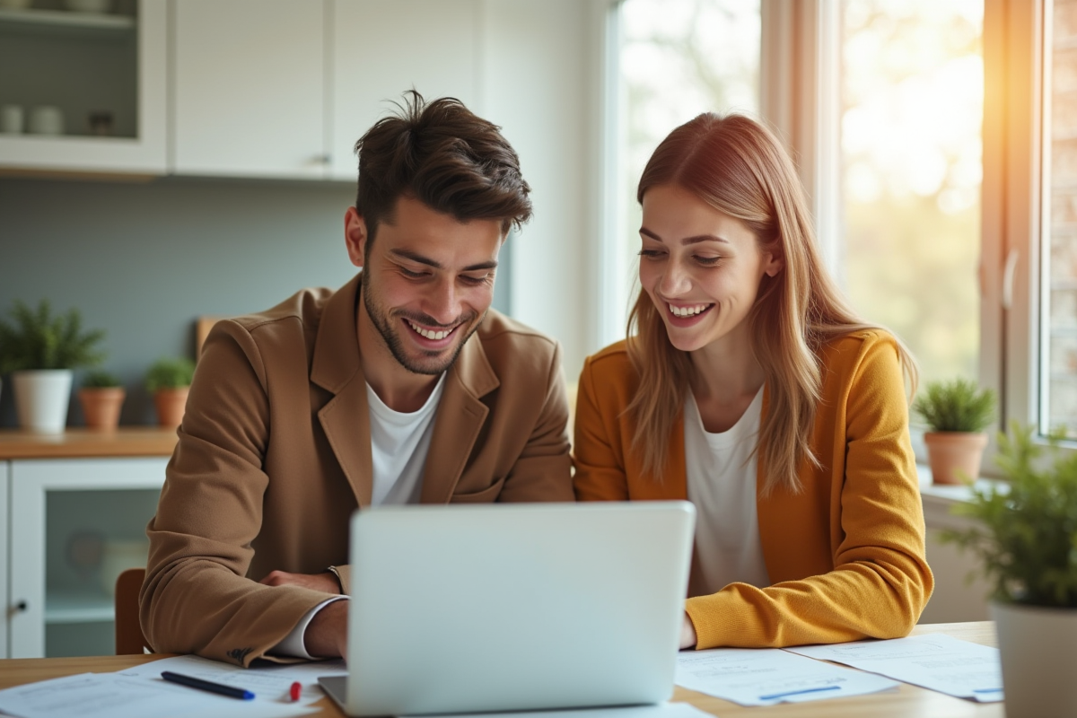 Jeune couple à la cuisine examine des documents avec un ordinateur