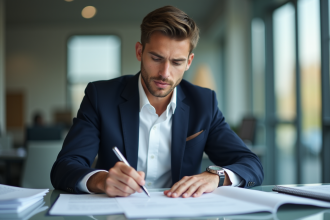 Jeune entrepreneur en réunion d'assurance dans un bureau moderne