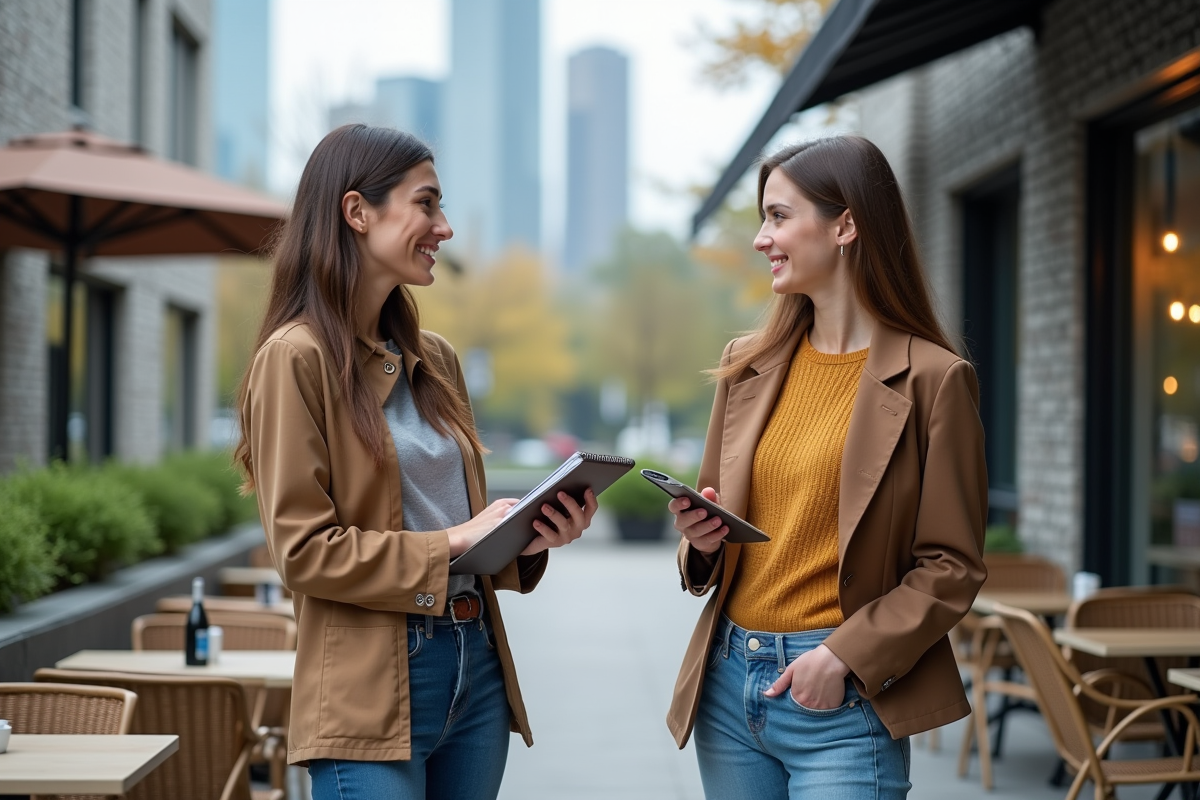 Jeune femme discutant en terrasse de café en ville