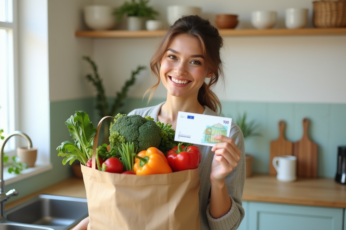Jeune femme tenant un sac de courses et un cheque de 100 euros