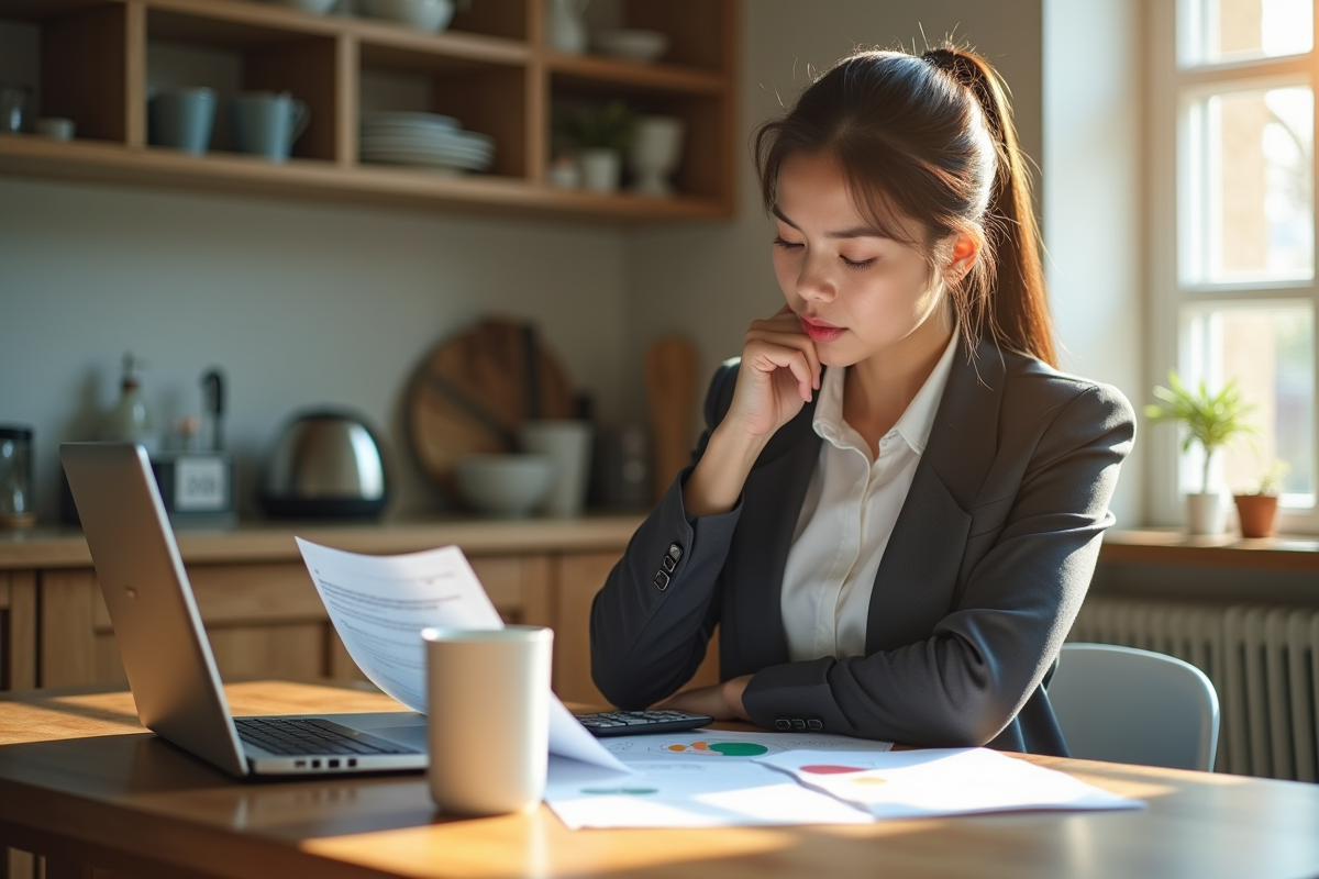 Jeune femme professionnelle analysant des documents financiers à la maison