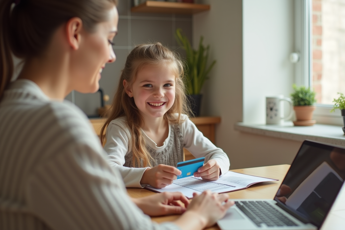 Jeune fille souriante avec carte bancaire à la maison