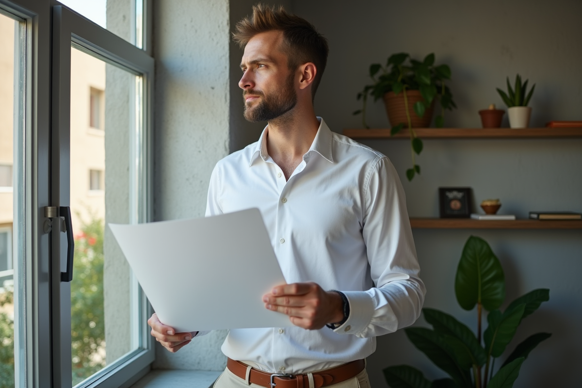 Jeune homme regarde par la fenêtre avec un contrat de location