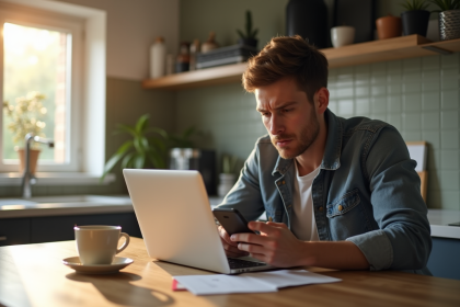 Jeune homme anxieux utilisant son ordinateur et smartphone dans la cuisine