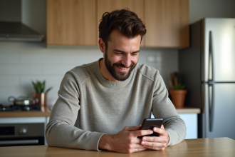 Jeune homme assis en cuisine utilisant son smartphone