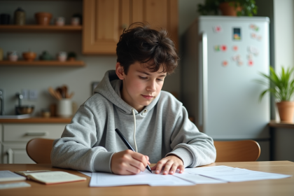 Jeune garçon de 16 ans remplissant des formulaires bancaires à la maison
