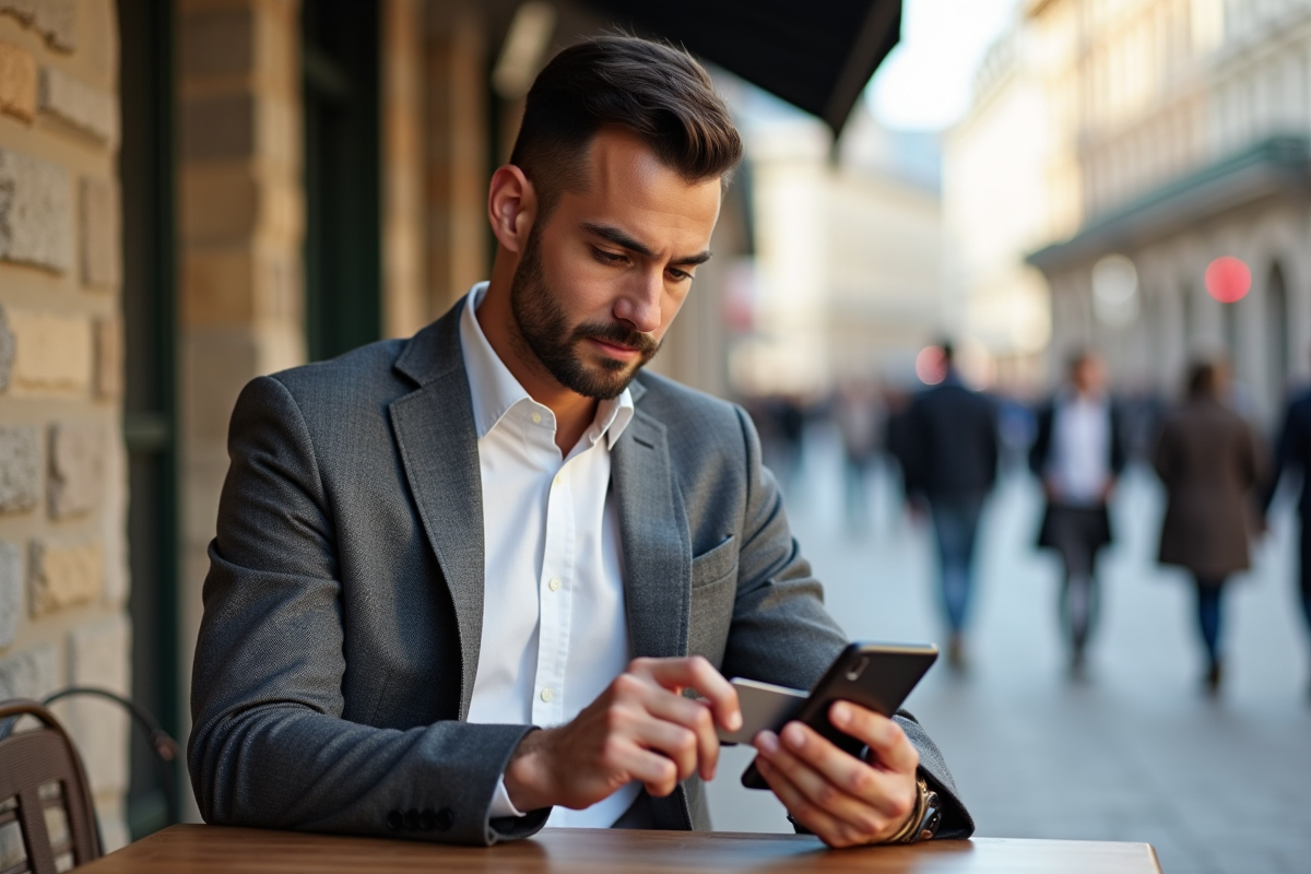 Jeune homme utilisant une application pour personnaliser sa carte bancaire en extérieur