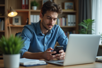 Jeune homme utilisant son smartphone dans un bureau à domicile