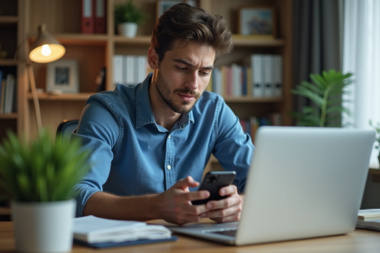 Jeune homme utilisant son smartphone dans un bureau à domicile