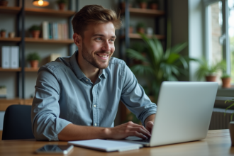 Jeune homme au bureau vérifiant une transaction crypto