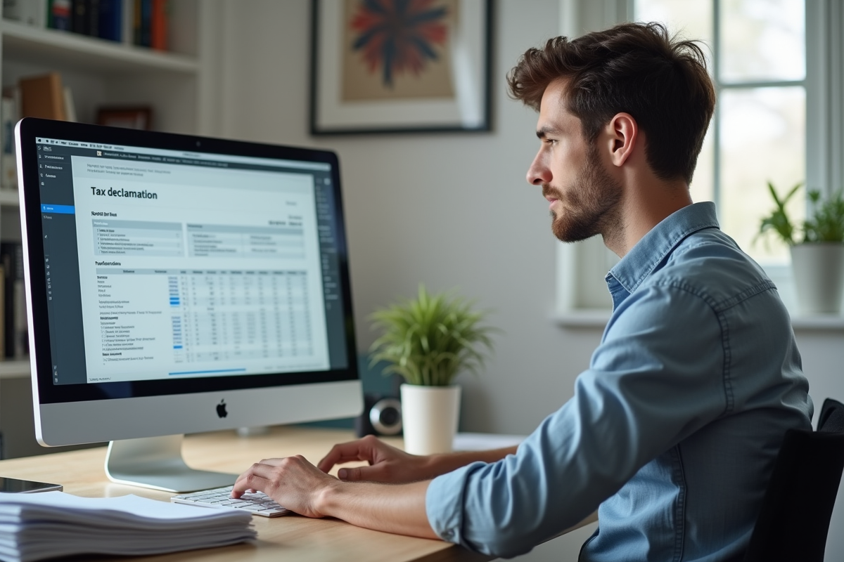 Jeune homme en tenue décontractée travaillant sur un ordinateur dans un bureau à domicile