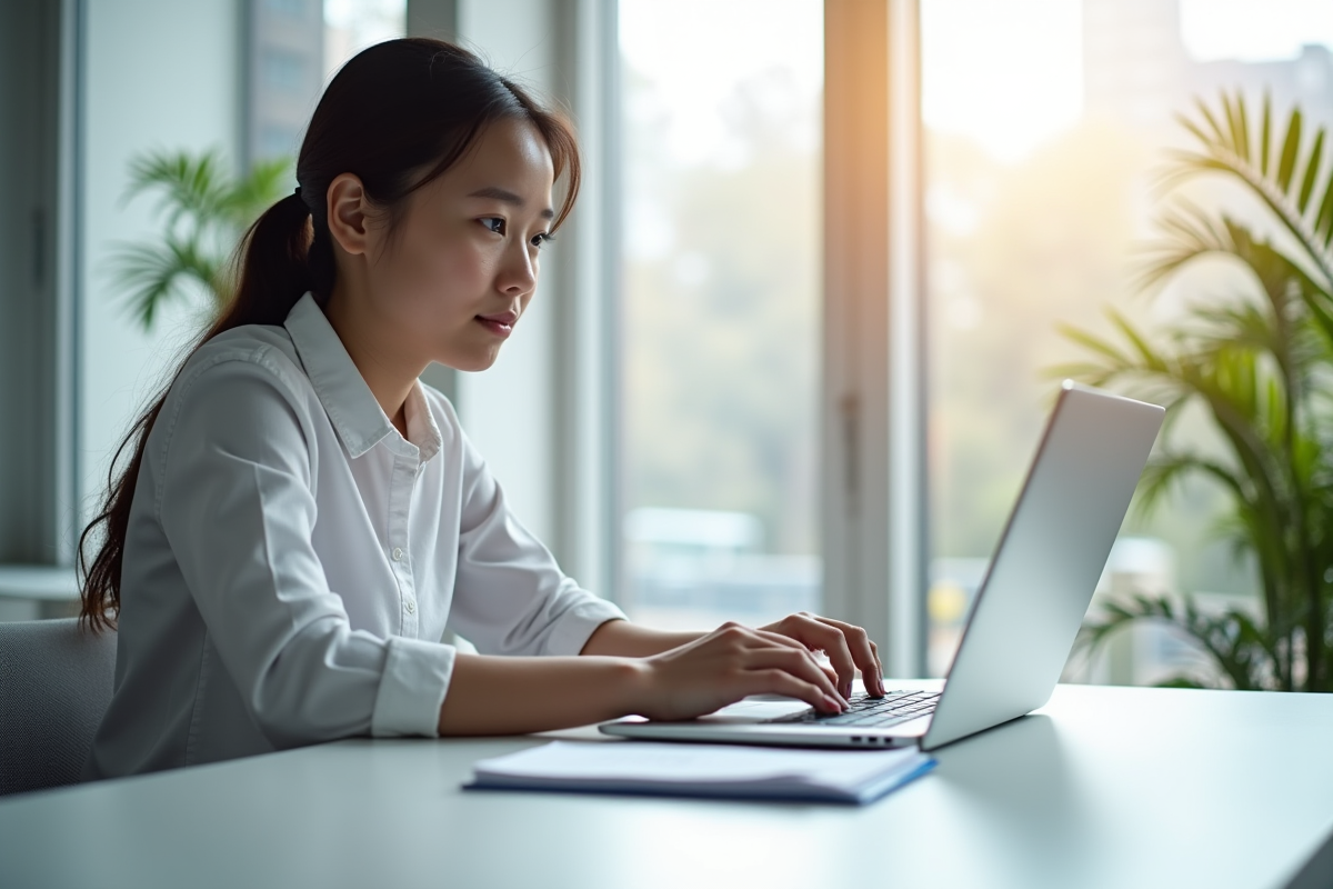 Jeune professionnel travaillant sur un ordinateur portable dans un bureau lumineux