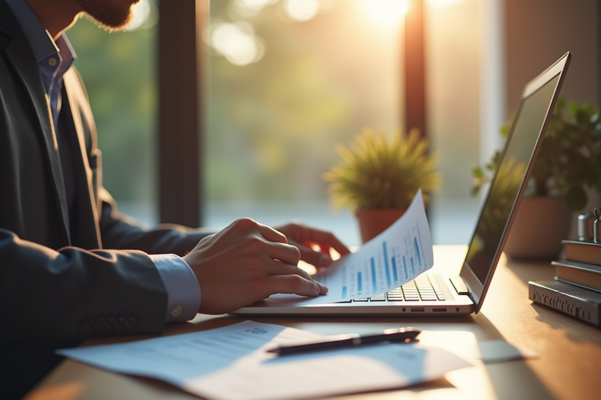 Jeune professionnel vérifiant ses dividendes sur un ordinateur lumineux