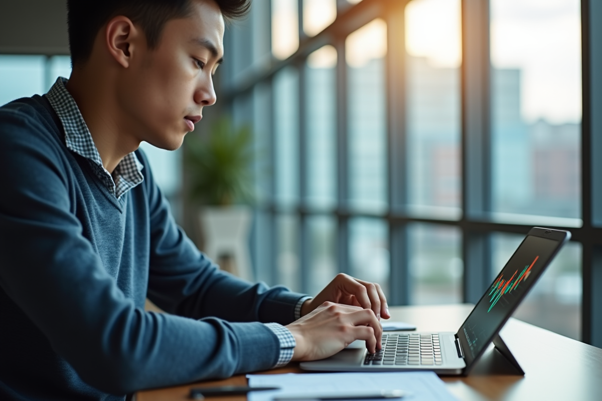 Jeune professionnel analysant des graphiques financiers sur une tablette