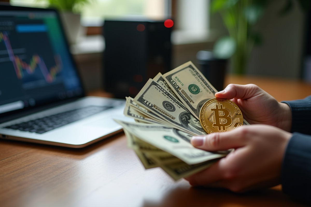 Mains tenant des billets et un bitcoin sur un bureau en bois avec ordinateur en arrière-plan