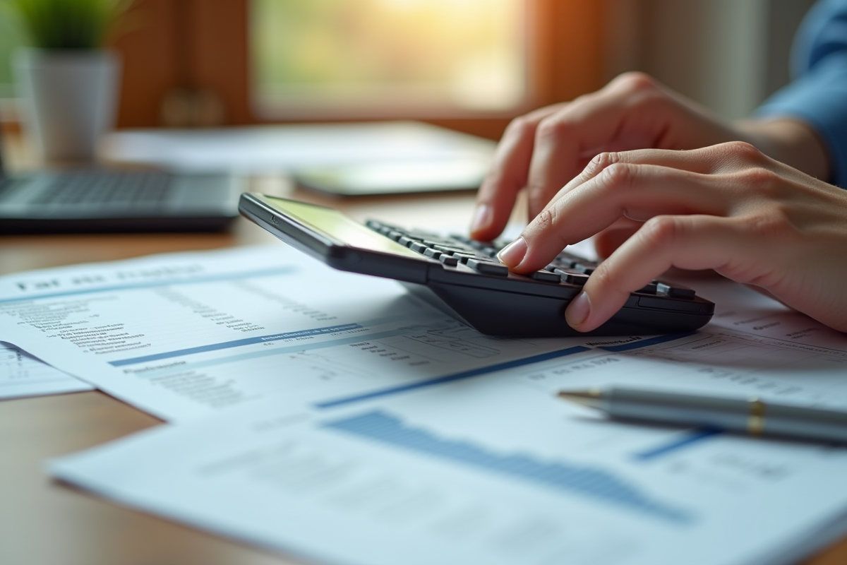 Main utilisant une calculatrice sur des papiers fiscaux