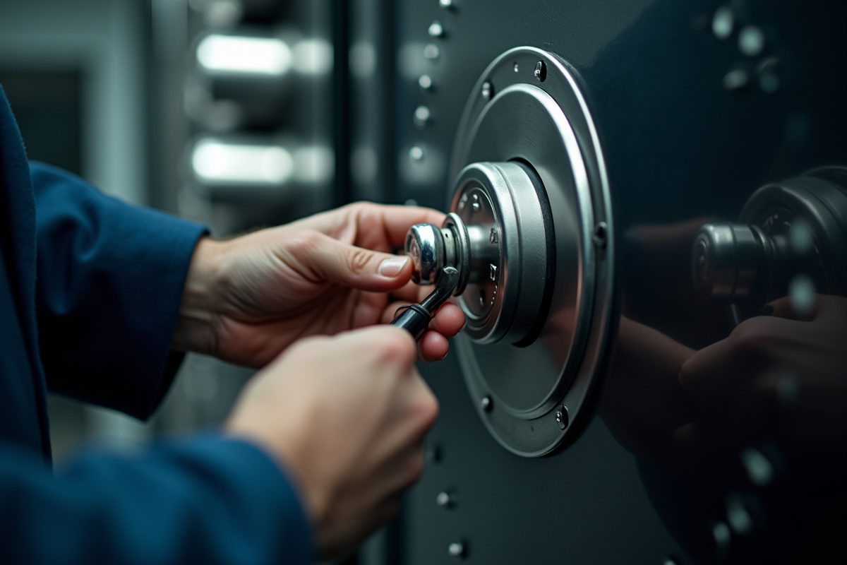 Mains déverrouillant un coffre-fort dans une banque bien éclairée