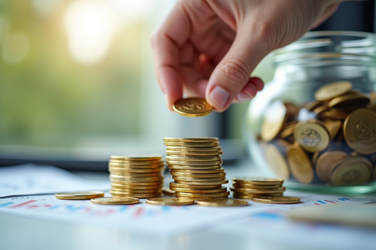 Main empilant des pièces d or sur un bureau en marbre