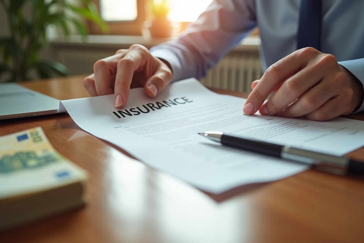 Mains d'adulte tenant un contrat d'assurance et des billets d'euros