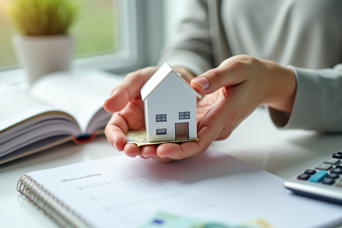 Mains tenant une maison miniature et des euros sur un bureau