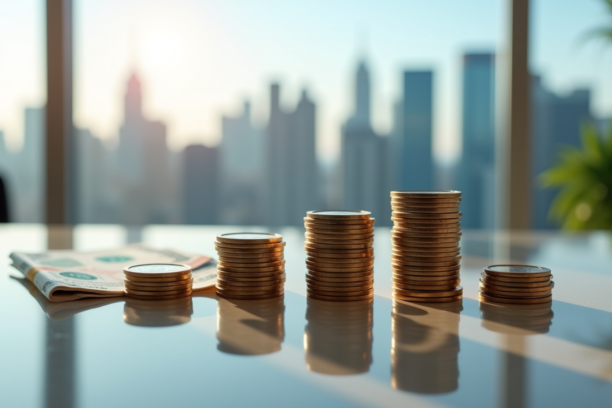 Monnaie et billets sur une table avec skyline en arrière-plan