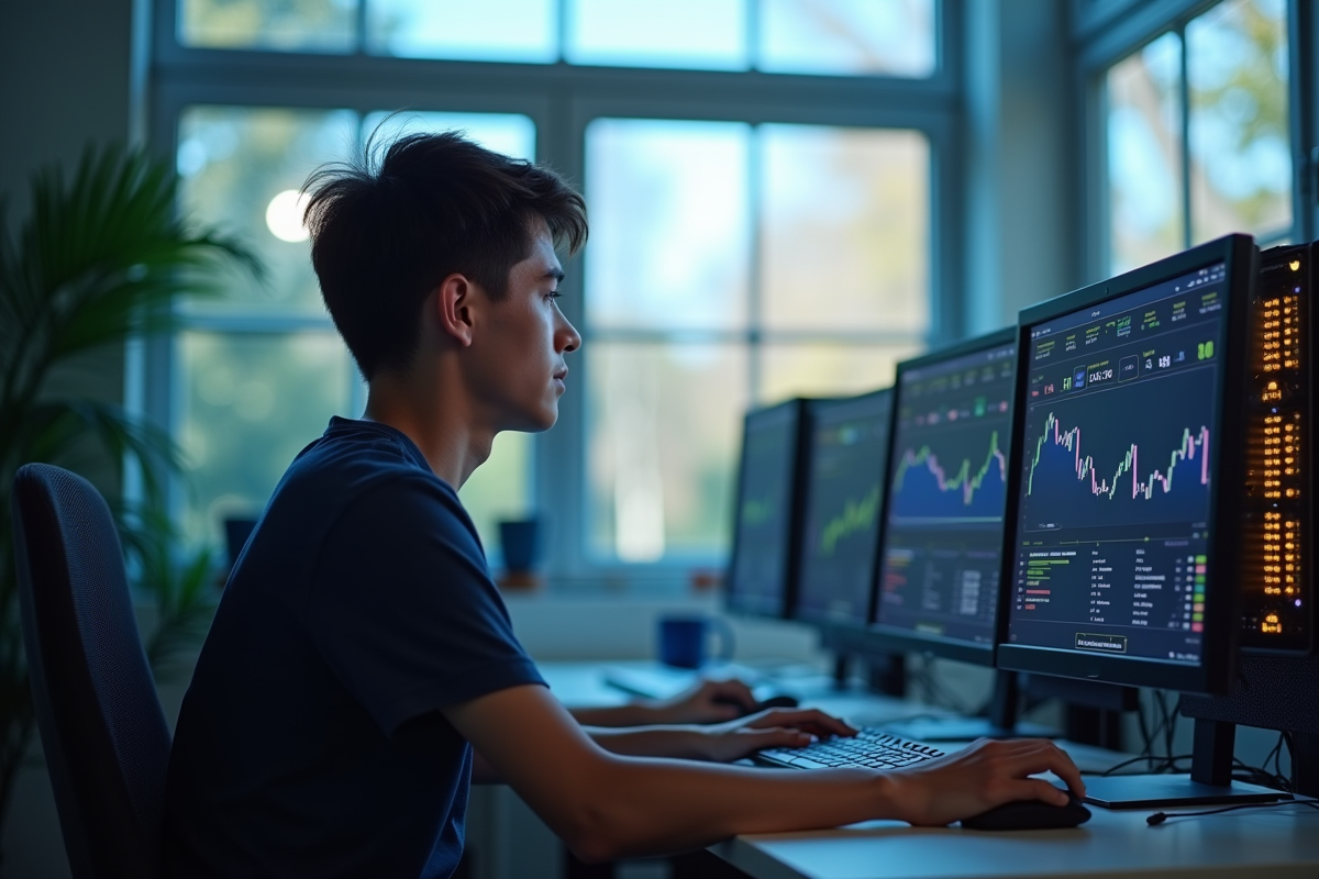 Jeune homme surveillant des rigs de minage de cryptomonnaie dans une pièce lumineuse